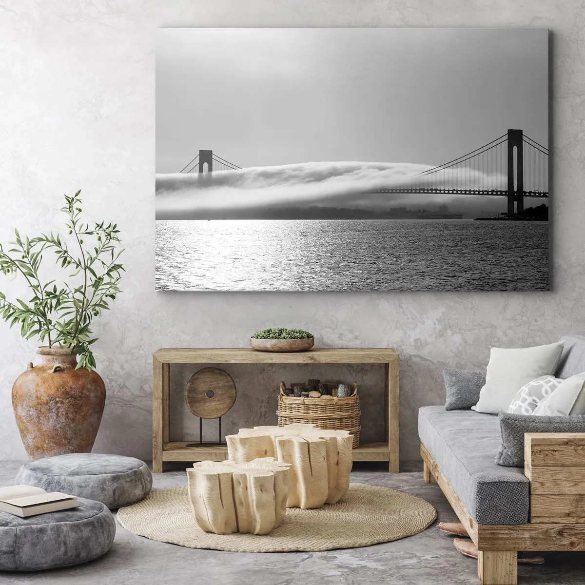 Obraz na płótnie - Most nad wodą spowity mgłą w czarno-białym ujęciu - 100x70cm - Przepłynąć przez Złote Wrota - Nowoczesna dekoracja ścienna do salonu, kuchni i sypialni ARTTOR