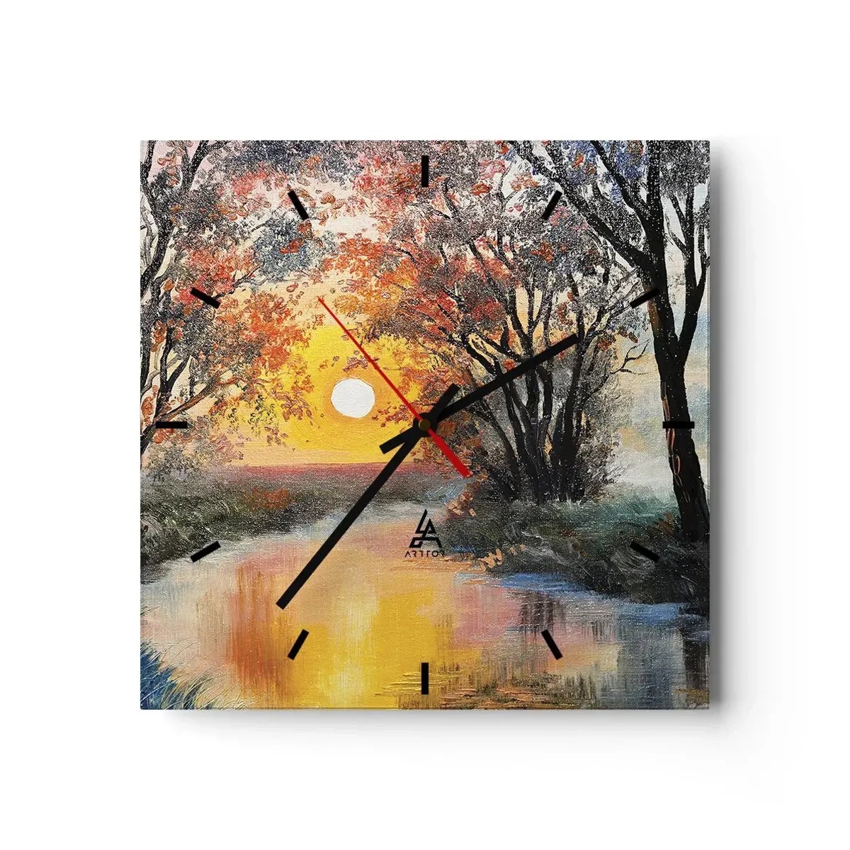 Zegar ścienny - Zachód słońca nad rzeką w jesiennym krajobrazie - 30x30cm - Jesienne klimaty - Nowoczesna dekoracja ścienna do salonu i sypialni ARTTOR