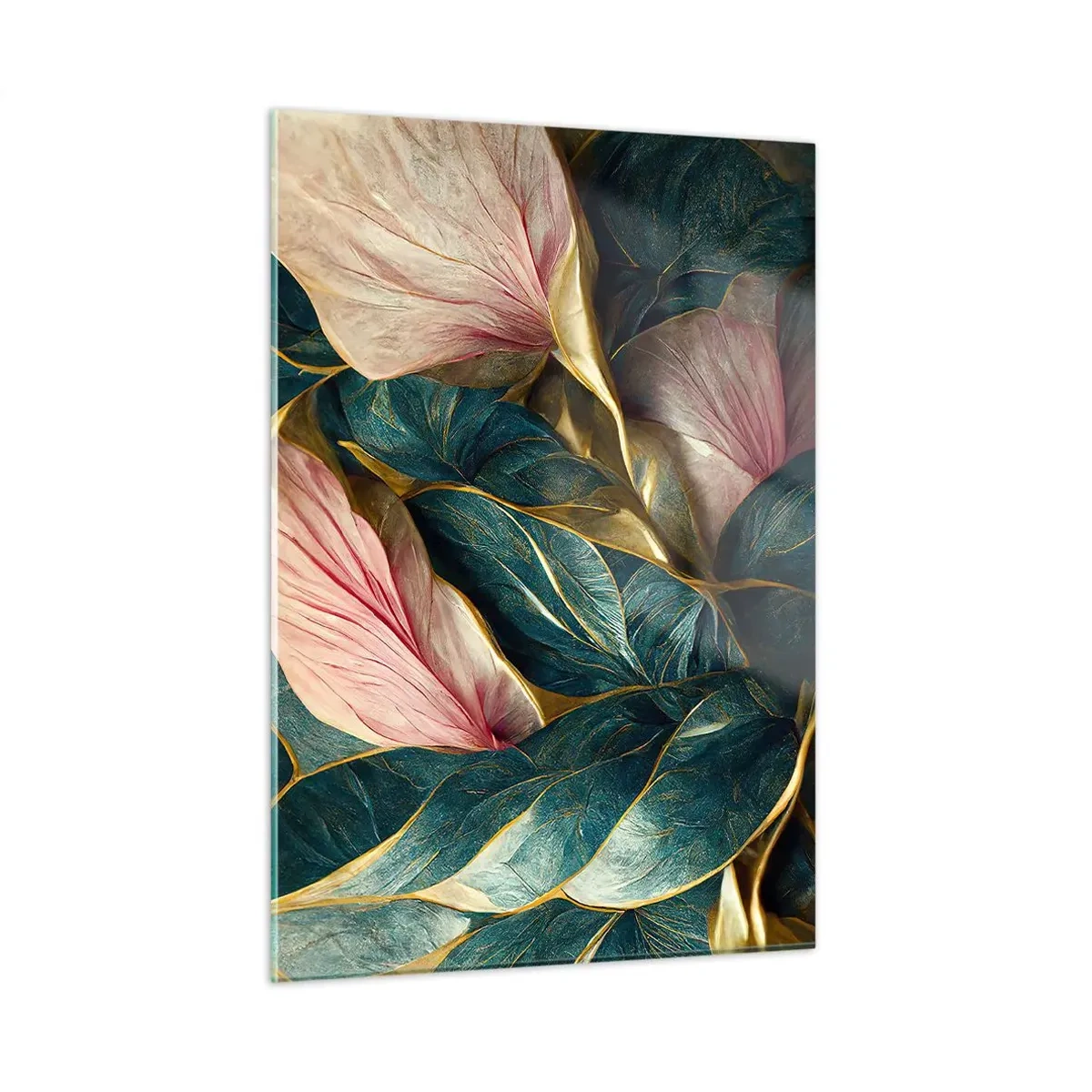 Obraz na szkle - Zielone i różowe liście z akcentami złota - 50x70cm - Naturalna elegancja i styl - Nowoczesna dekoracja ścienna do salonu, kuchni i sypialni ARTTOR