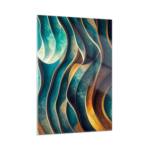 Obraz na szkle - Dynamiczne linie w błękicie i miedzi tworzące fale - 50x70cm - Meandry błękitu - Nowoczesna dekoracja ścienna do salonu, kuchni i sypialni ARTTOR