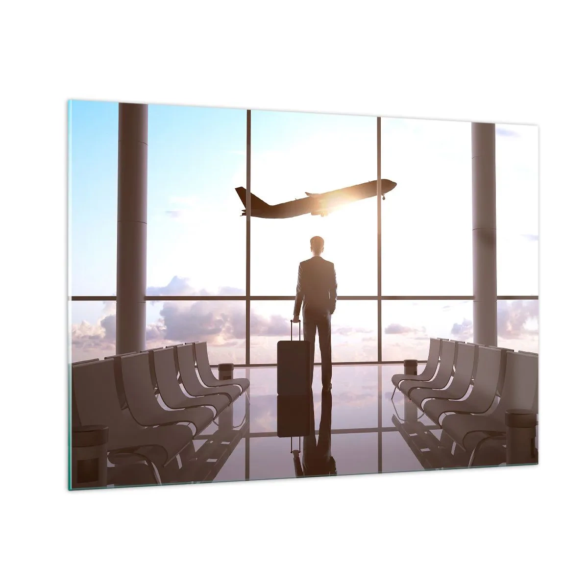 Obraz na szkle - Mężczyzna z walizką na lotnisku obserwujący odlatujący samolot - 100x70cm - Masz czas, zwolnij - Nowoczesna dekoracja ścienna do salonu, kuchni i sypialni ARTTOR