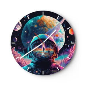 Zegar ścienny - Astronauta w kolorowej przestrzeni kosmicznej z odbiciem planety - 30x30cm - Filozofom się nie śniło - Nowoczesna dekoracja ścienna do salonu, kuchni i sypialni ARTTOR