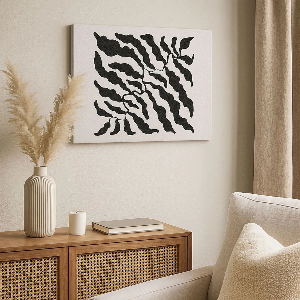 Obraz na płótnie - Gałązki z liśćmi w czerni na jasnym tle - 70x50cm - Natura kwadratu - Nowoczesna dekoracja ścienna do salonu i sypialni ARTTOR