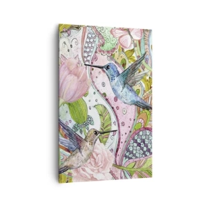 Obraz na płótnie - Kolorowe kolibry i motyle wśród roślin - 80x120cm - Wplątane w pnączach - Nowoczesna dekoracja ścienna do salonu i sypialni ARTTOR