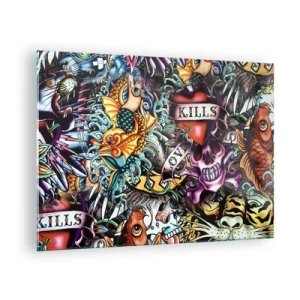 Obraz na szkle - Kolorowa kompozycja wzorów inspirowanych sztuką tatuażu - 70x50cm - Sen tatuażysty - Nowoczesna dekoracja ścienna do salonu i sypialni ARTTOR