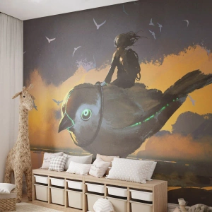 Fototapeta Premium Sand - Jeździec na mechanicznym ptaku w futurystycznym krajobrazie - 100x70cm - Przystanek w fantastycznej podróźy - Nowoczesna dekoracja ścienna do salonu, kuchni i sypialni ARTTOR