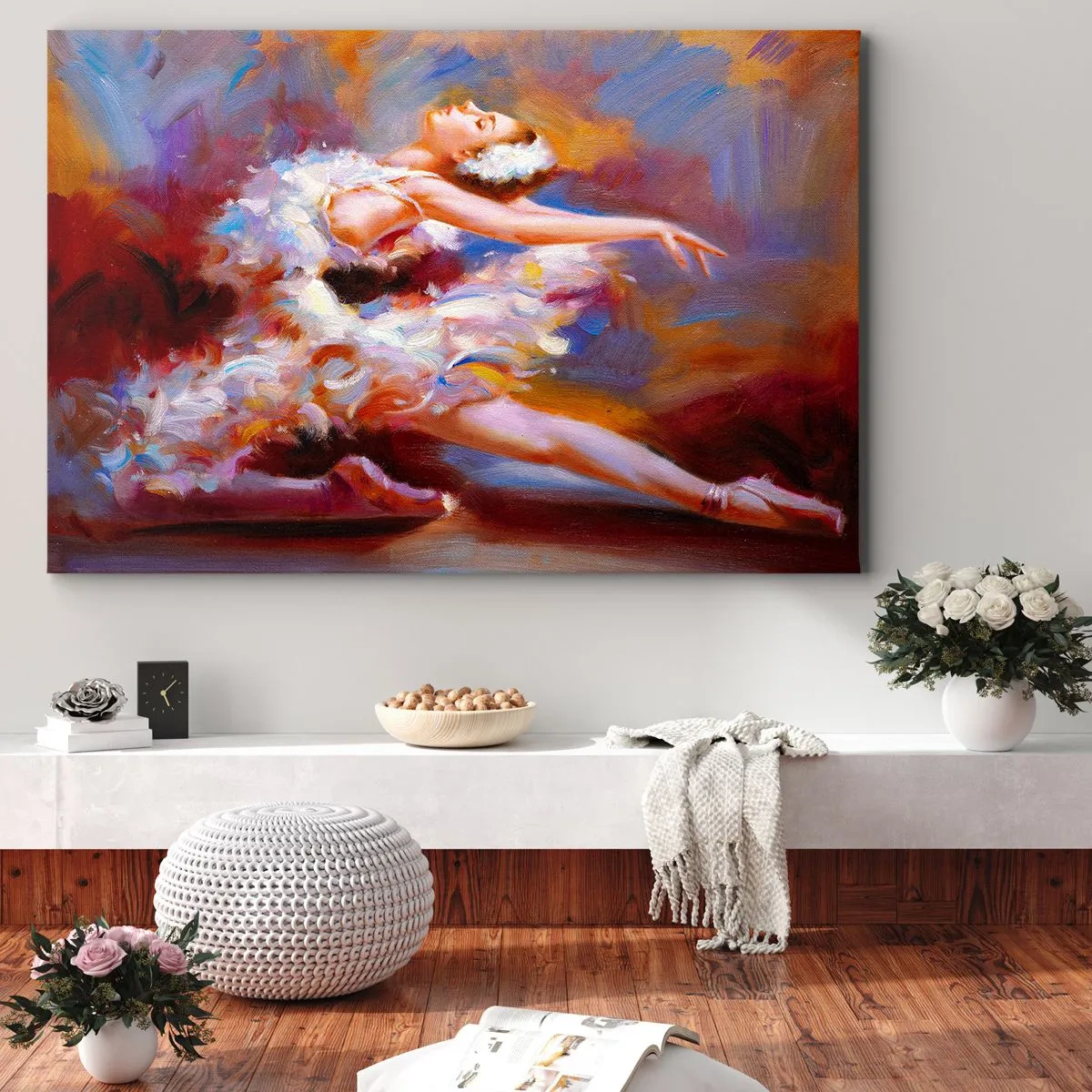 Obraz na płótnie - Balerina w dynamicznej pozie wśród pastelowych barw - 70x50cm - Łabędzia gracja - Nowoczesna dekoracja ścienna do salonu i sypialni ARTTOR