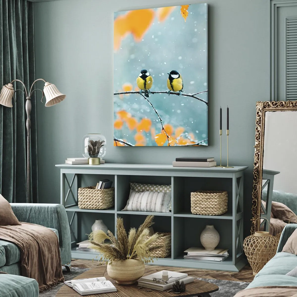 Obraz na płótnie - Dwie sikorki siedzące na gałęzi w zimowej scenerii - 50x70cm - Ptasie plotki - Nowoczesna dekoracja ścienna do salonu, kuchni i sypialni ARTTOR