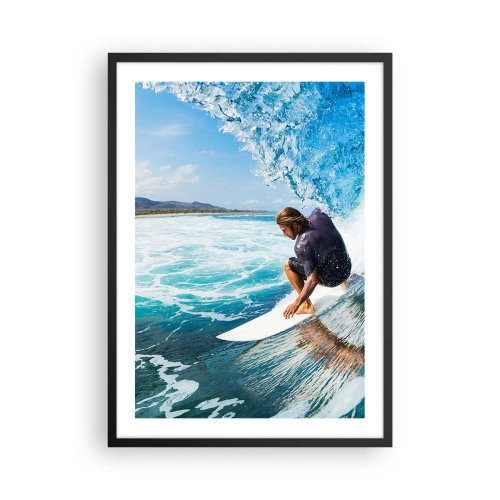Plakat w czarnej ramie - Surfer w tubie wodnej na tle błękitnego oceanu - 50x70cm - Tańczący z falami - Nowoczesna dekoracja ścienna do salonu i sypialni ARTTOR