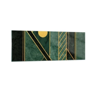 Obraz na szkle - Geometria w zieleni i złocie z eleganckim wzorem - 140x50cm - Dynamika złota i lazuru - Nowoczesna dekoracja ścienna do salonu i sypialni ARTTOR