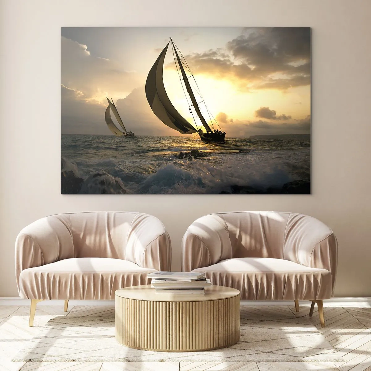 Obraz na szkle - Żaglówki na wzburzonym morzu podczas zachodu słońca - 70x50cm - Z wiatrem i pod wiatr - Nowoczesna dekoracja ścienna do salonu i sypialni ARTTOR