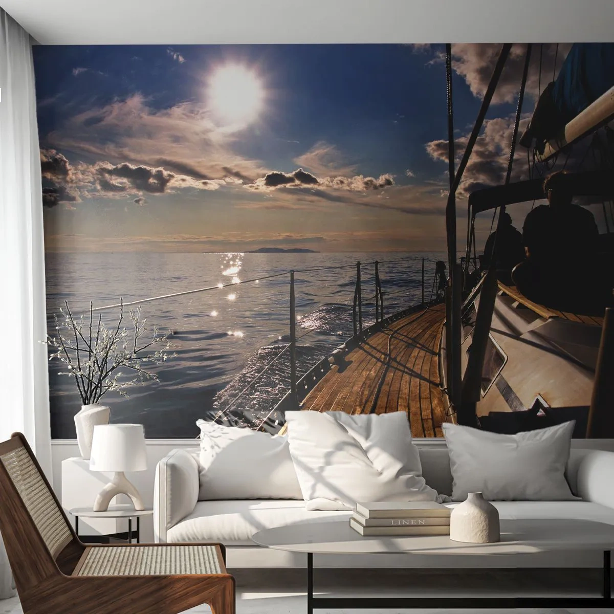 Fototapeta Premium Sand - Żaglówka na spokojnym morzu o zachodzie słońca - 100x70cm - Pod żaglami w stronę słońca - Nowoczesna dekoracja ścienna do salonu, kuchni i sypialni ARTTOR