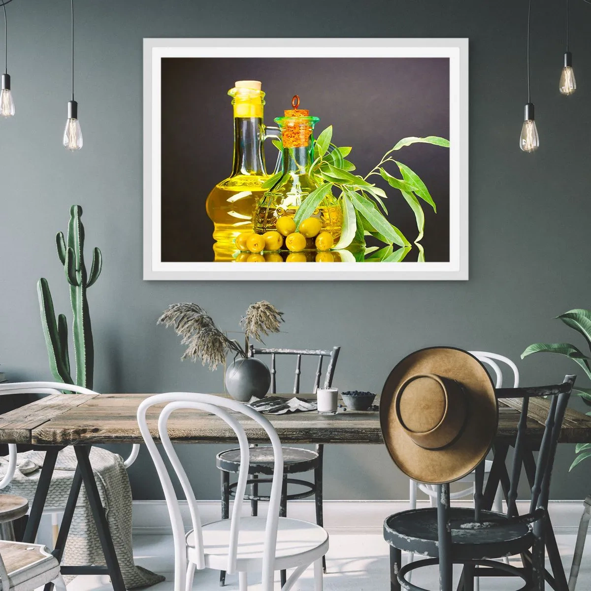 Plakat w białej ramie - Martwa natura z oliwkami i oliwą - 100x70 cm