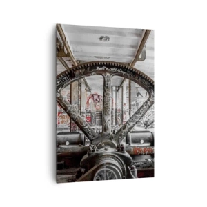 Obraz na płótnie - Stary mechanizm w opuszczonym industrialnym wnętrzu - 70x100cm - Sekretne życie fabryki - Nowoczesna dekoracja ścienna do salonu i sypialni ARTTOR