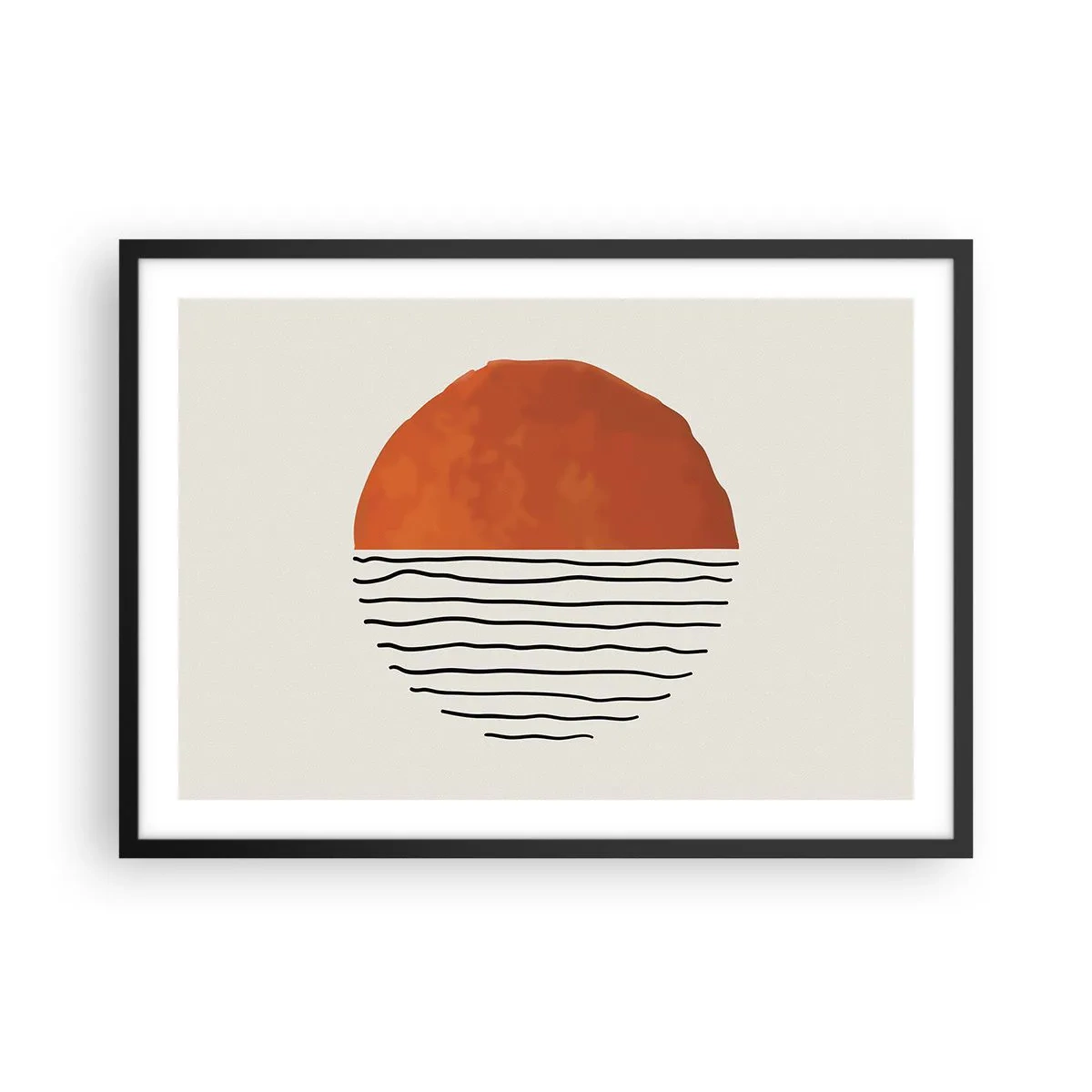 Plakat w czarnej ramie - Minimalistyczny zachód słońca nad liniami przypominającymi fale - 70x50cm - W japońskim klimacie - Nowoczesna dekoracja ścienna do salonu i sypialni ARTTOR