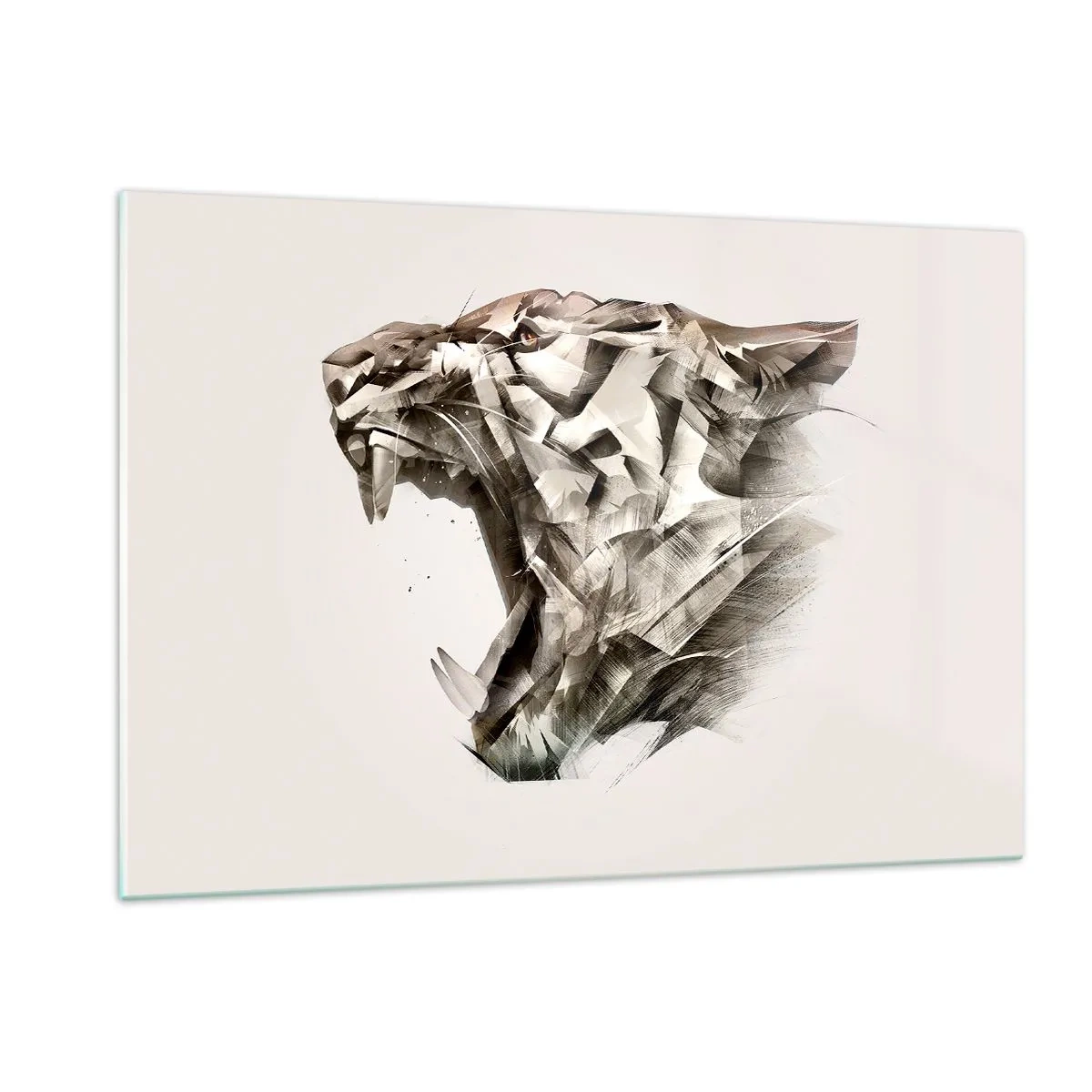 Obraz na szkle - Geometryczna ilustracja ryczącego tygrysa na jasnym tle - 120x80cm - Już wiesz, kto rządzi - Nowoczesna dekoracja ścienna do salonu, kuchni i sypialni ARTTOR
