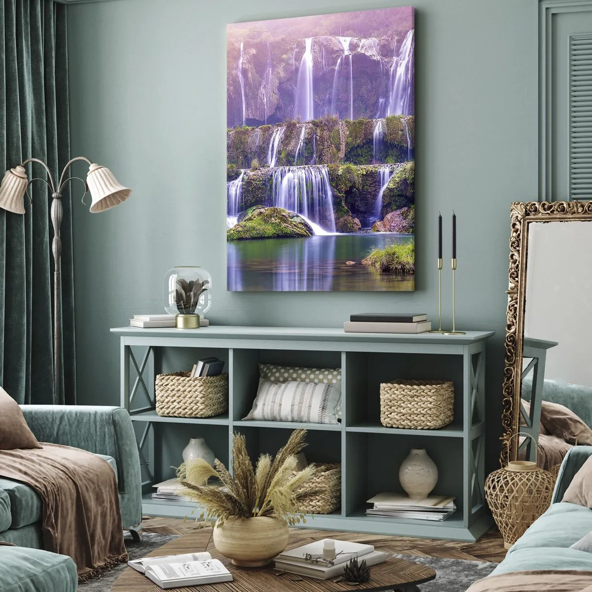 Obraz na płótnie - Wodospady otoczone zielenią z pastelowym oświetleniem - 70x100cm - Schody do nieba - Nowoczesna dekoracja ścienna do salonu i sypialni ARTTOR