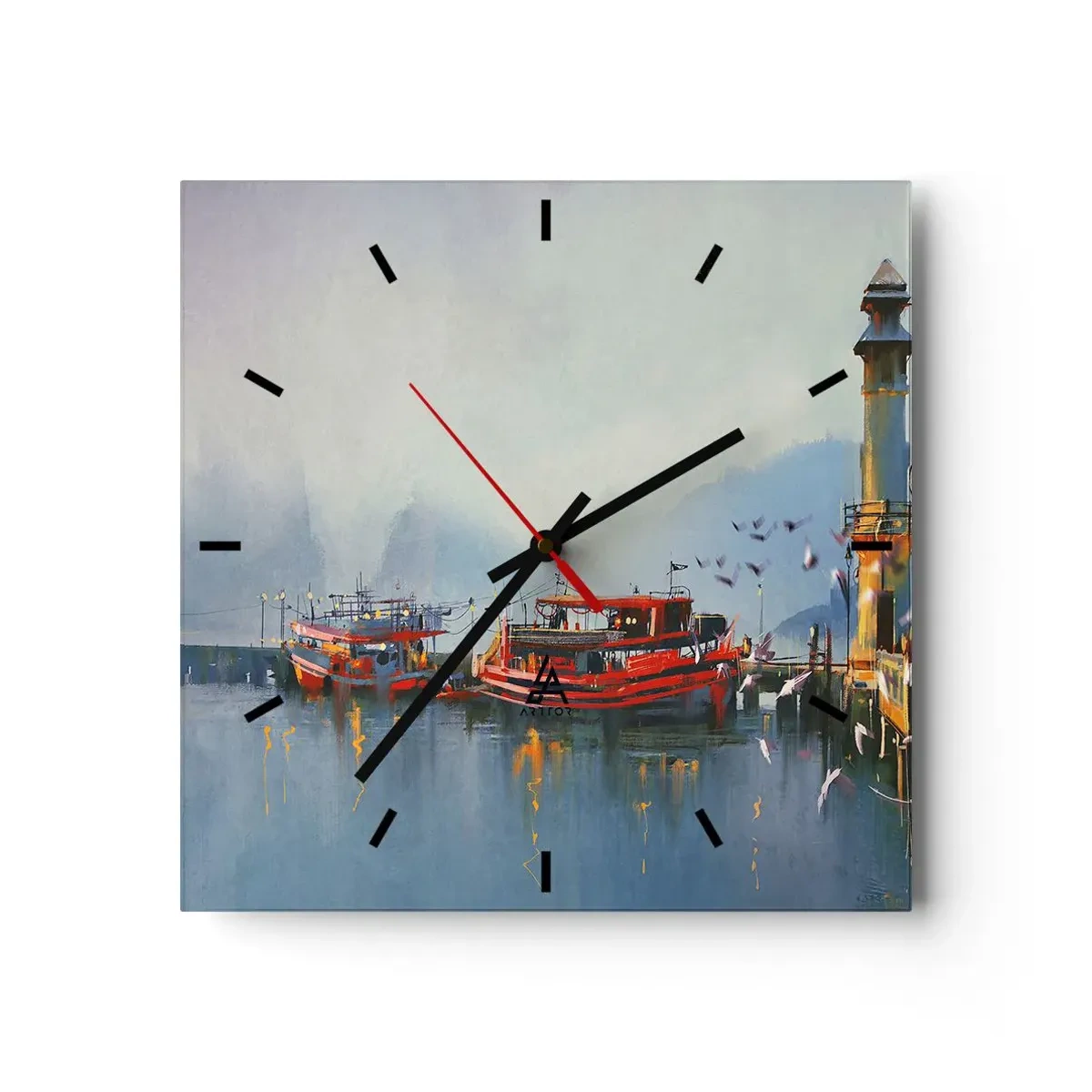 Zegar ścienny - Port z czerwonymi łodziami otoczony mglistym pejzażem - 30x30cm - Na końcu świata - Nowoczesna dekoracja ścienna do salonu i sypialni ARTTOR