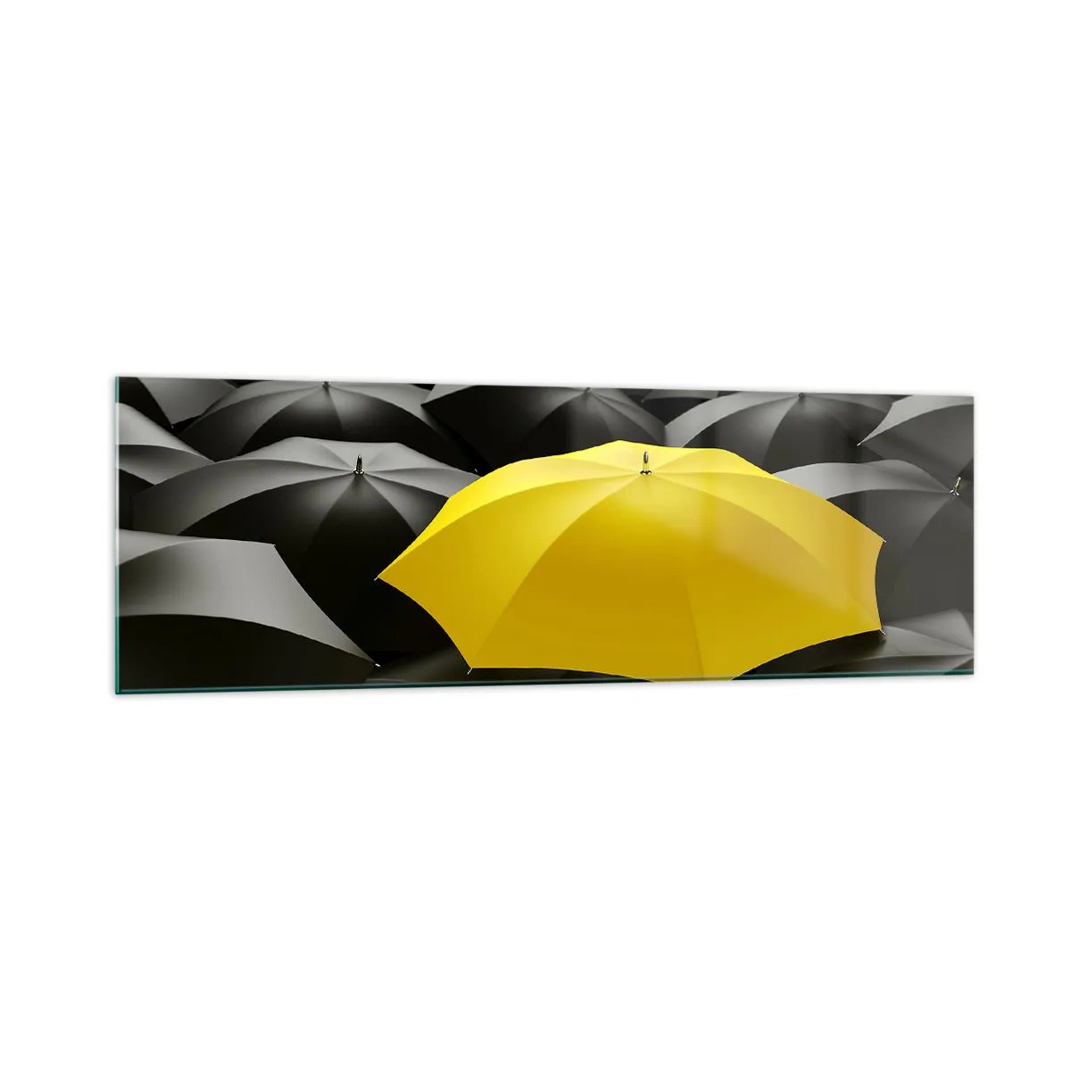 Obraz na szkle - Żółty parasol wśród czarnych parasoli - 160x50cm - Żegnaj smutku - Nowoczesna dekoracja ścienna do salonu i sypialni ARTTOR