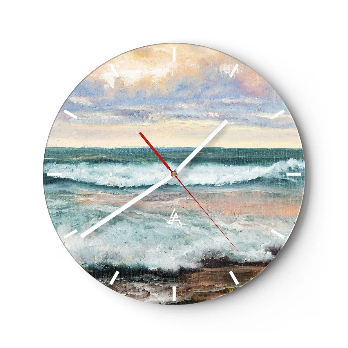 Zegar ścienny - Morskie fale na tle pastelowego nieba w stylu malarskim - 30x30cm - Tutaj wygładzisz duszę - Nowoczesna dekoracja ścienna do salonu, kuchni i sypialni ARTTOR