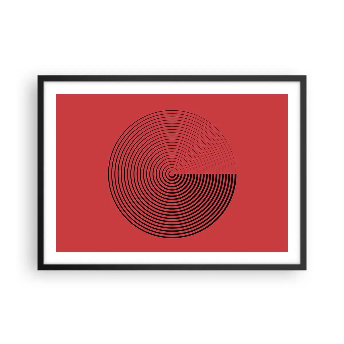 Plakat w czarnej ramie - Koncentryczne koła na czerwonym tle - 70x50cm - Ruch kolisty - Nowoczesna dekoracja ścienna do salonu i sypialni ARTTOR