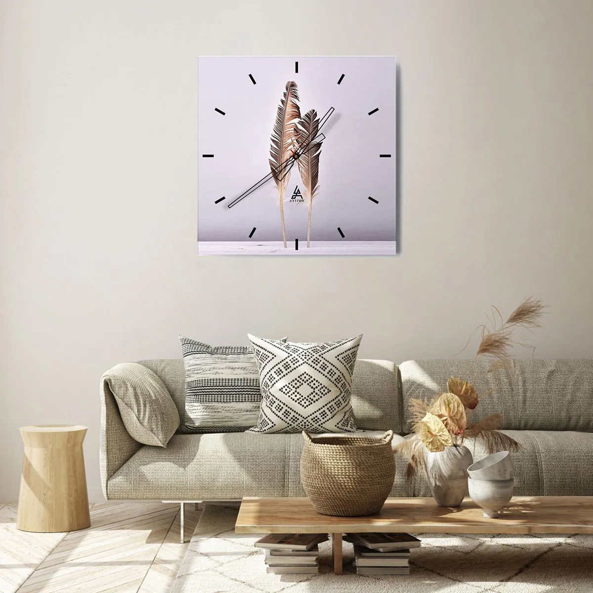 Zegar ścienny - Delikatne pióra na jasnym tle w minimalistycznym stylu - 30x30cm - Przeciw nicości - Nowoczesna dekoracja ścienna do salonu i sypialni ARTTOR