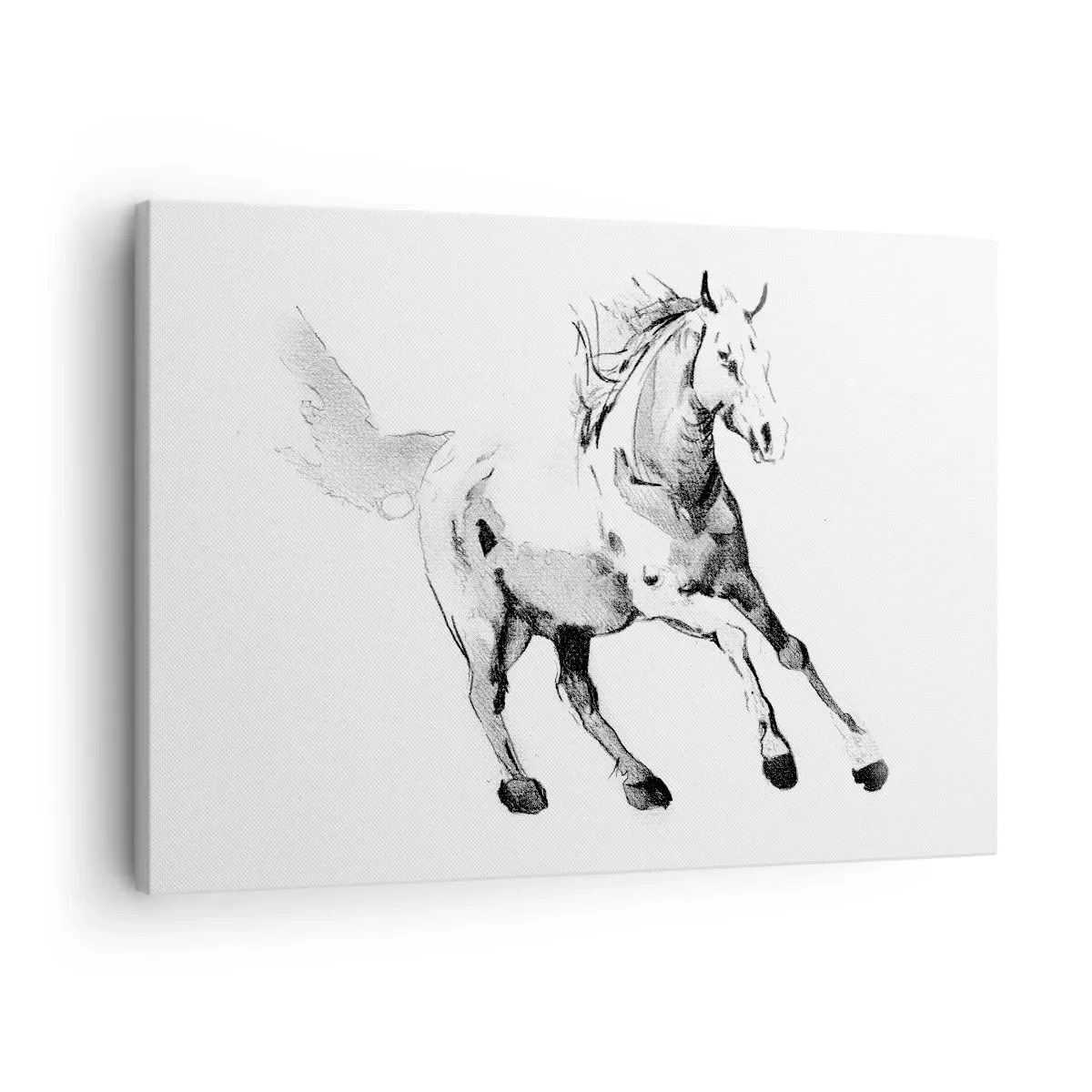Obraz na płótnie - Szkic galopującego konia w odcieniach czerni i bieli - 70x50cm - Nieujarzmiona dusza - Nowoczesna dekoracja ścienna do salonu i sypialni ARTTOR