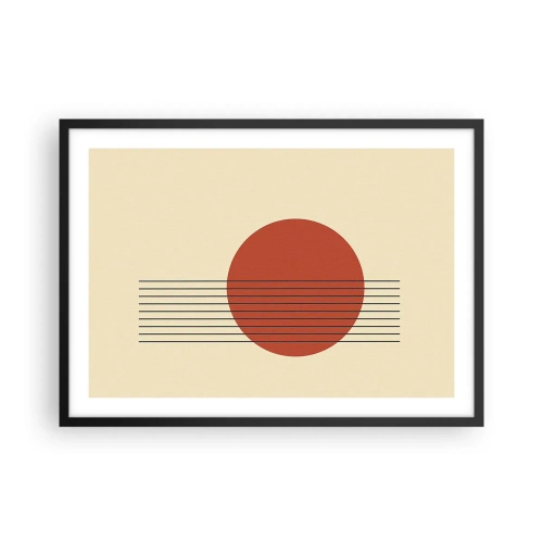 Plakat w czarnej ramie - Abstrakcyjny okrąg w czerwieni z liniami na beżowym tle - 70x50cm - W koło i dalej - Nowoczesna dekoracja ścienna do salonu i sypialni ARTTOR