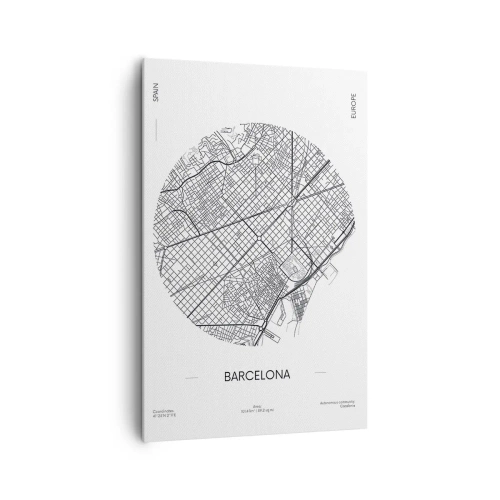 Obraz na płótnie - Mapa Barcelony w minimalistycznym, czarno-białym stylu - 80x120cm - Anatomia Barcelony - Nowoczesna dekoracja ścienna do salonu i sypialni ARTTOR