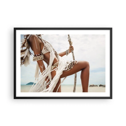 Plakat w czarnej ramie - Postać kobiety w etnicznych ozdobach i stroju na tle tropikalnego krajobrazu - 70x50cm - Kapłanka słońca - Nowoczesna dekoracja ścienna do salonu i sypialni ARTTOR