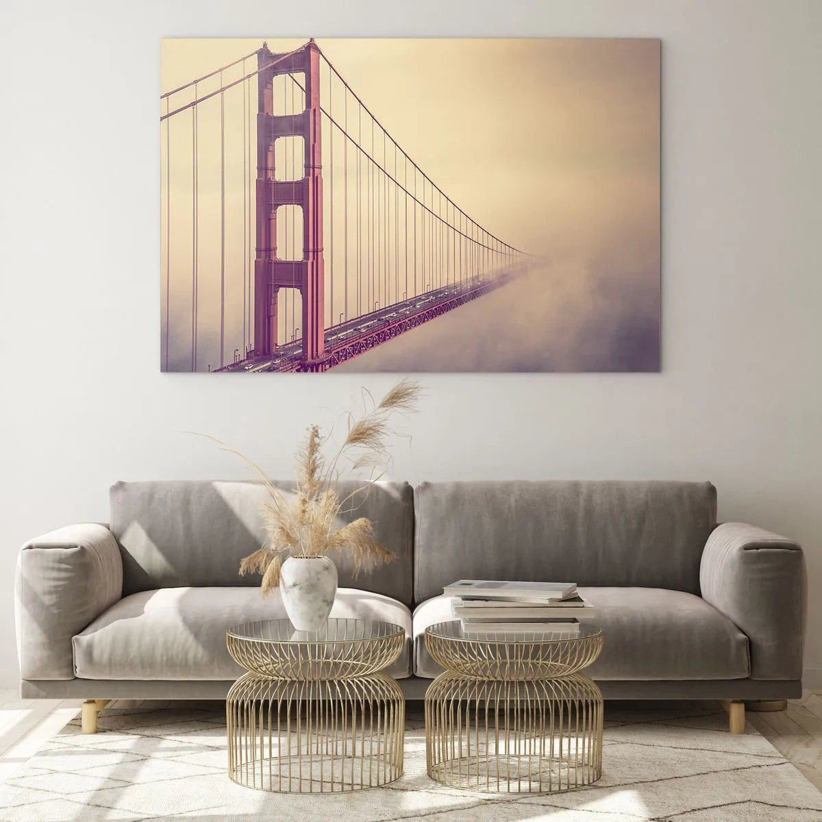 Obraz na szkle - Most Golden Gate w San Francisco w mglistym krajobrazie - 100x70cm - Między niebem a ziemią - Nowoczesna dekoracja ścienna do salonu, kuchni i sypialni ARTTOR