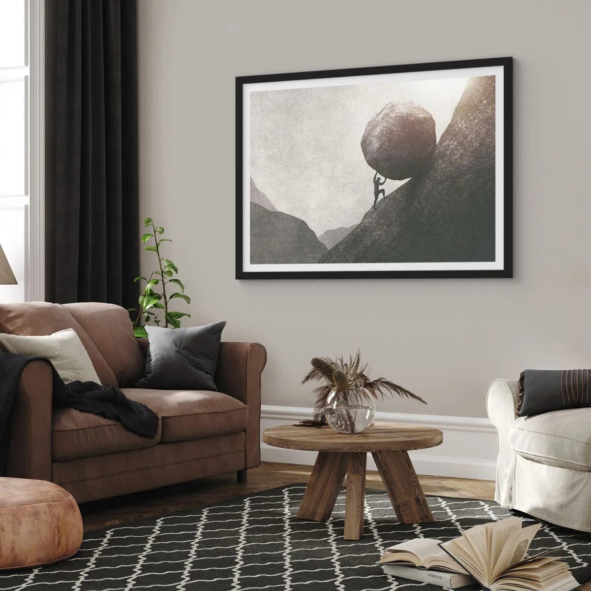 Plakat w czarnej ramie - Człowiek wspinający się z ogromnym głazem pod górę - 70x50cm - Wierzę wbrew nadziei - Nowoczesna dekoracja ścienna do salonu i sypialni ARTTOR