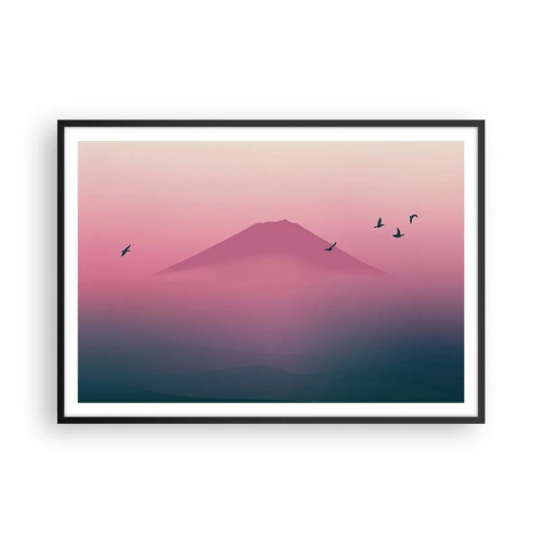 Plakat w czarnej ramie - Minimalistyczny krajobraz z górą i ptakami o wschodzie - 100x70cm - Wędrowcy ponad chmurami - Nowoczesna dekoracja ścienna do salonu i sypialni ARTTOR