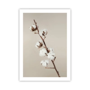 Plakat - Gałązka bawełny na beżowym tle, utrzymana w minimalistycznym stylu - 50x70cm - U źródła miękkości - Nowoczesna dekoracja ścienna do salonu, kuchni i sypialni ARTTOR