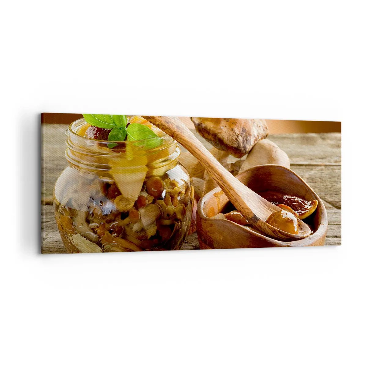 Obraz na płótnie - Naturalne grzyby w słoiku na rustykalnym stole - 120x50cm - Czy świeży, czy solony, czy jesiennej pory... - Nowoczesna dekoracja ścienna do salonu i sypialni ARTTOR
