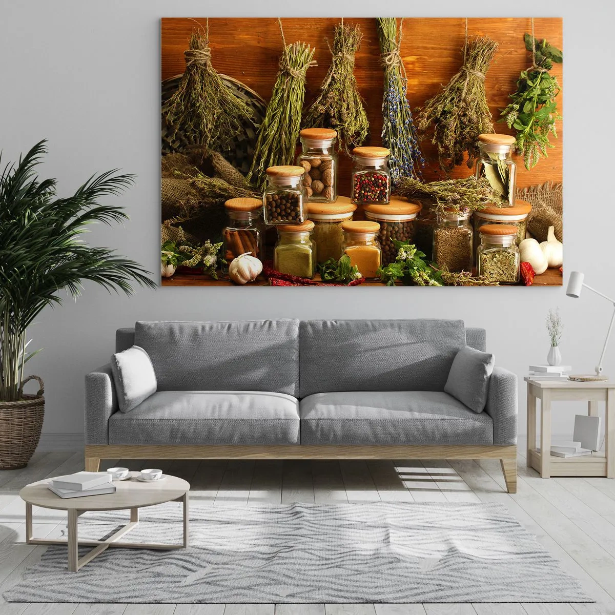 Obraz na szkle - Zioła i przyprawy w słoikach na drewnianym tle - 120x80cm - Kuchenne czary - Nowoczesna dekoracja ścienna do salonu, kuchni i sypialni ARTTOR