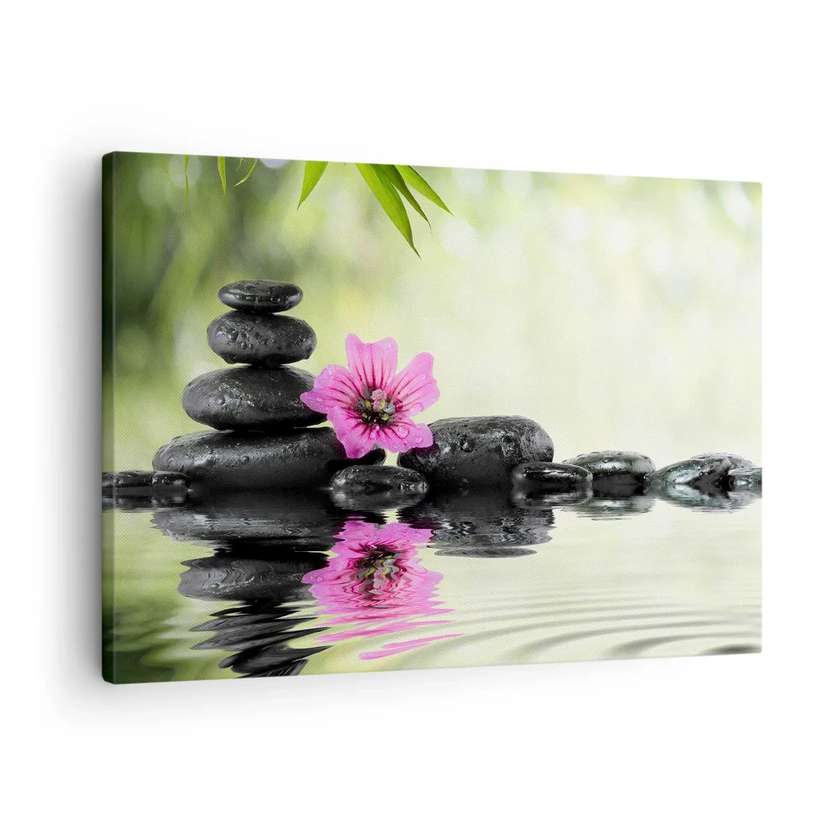 Obraz na płótnie - Kamienie Zen i różowy kwiat odbijające się w wodzie - 70x50cm - Czas dla duszy - Nowoczesna dekoracja ścienna do salonu i sypialni ARTTOR