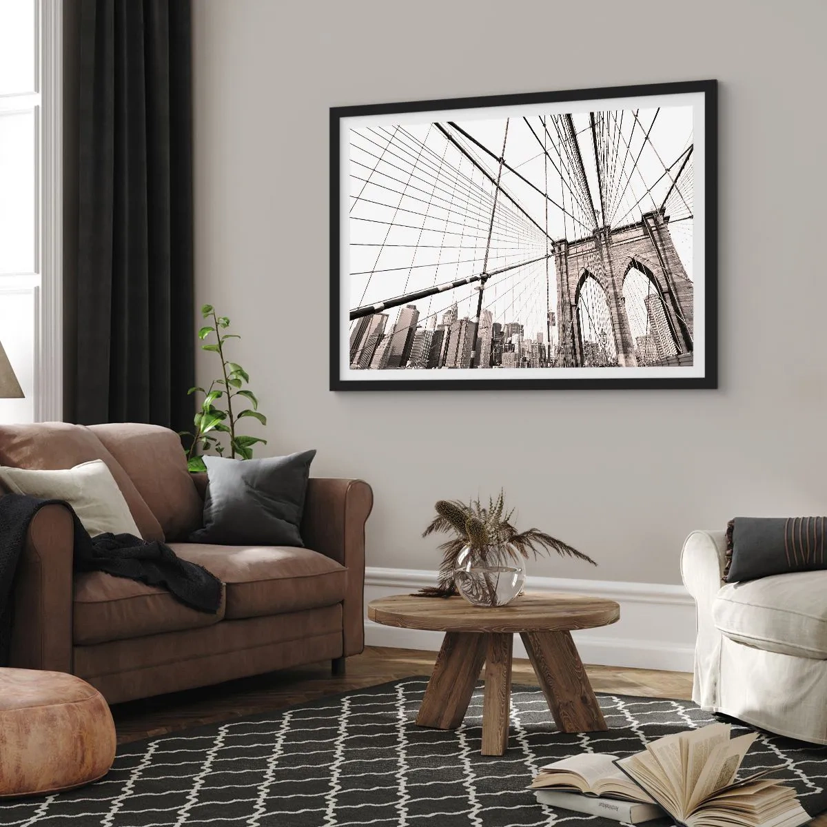 Plakat w czarnej ramie - Most Brooklyn w monochromatycznym ujęciu - 70x50cm - Nowojorska katedra - Nowoczesna dekoracja ścienna do salonu i sypialni ARTTOR