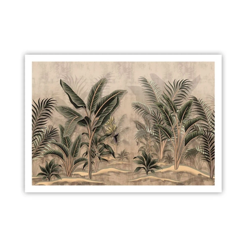 Plakat - Palmy i tropikalna roślinność w odcieniach zieleni na beżowym tle - 100x70cm - Rycina w kolonialnym stylu - Nowoczesna dekoracja ścienna do salonu i sypialni ARTTOR