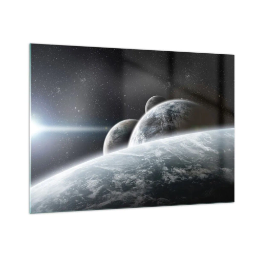 Obraz na szkle - Planety w kosmicznej przestrzeni z promieniem światła - 100x70cm - Kosmiczna muzyka sfer - Nowoczesna dekoracja ścienna do salonu, kuchni i sypialni ARTTOR
