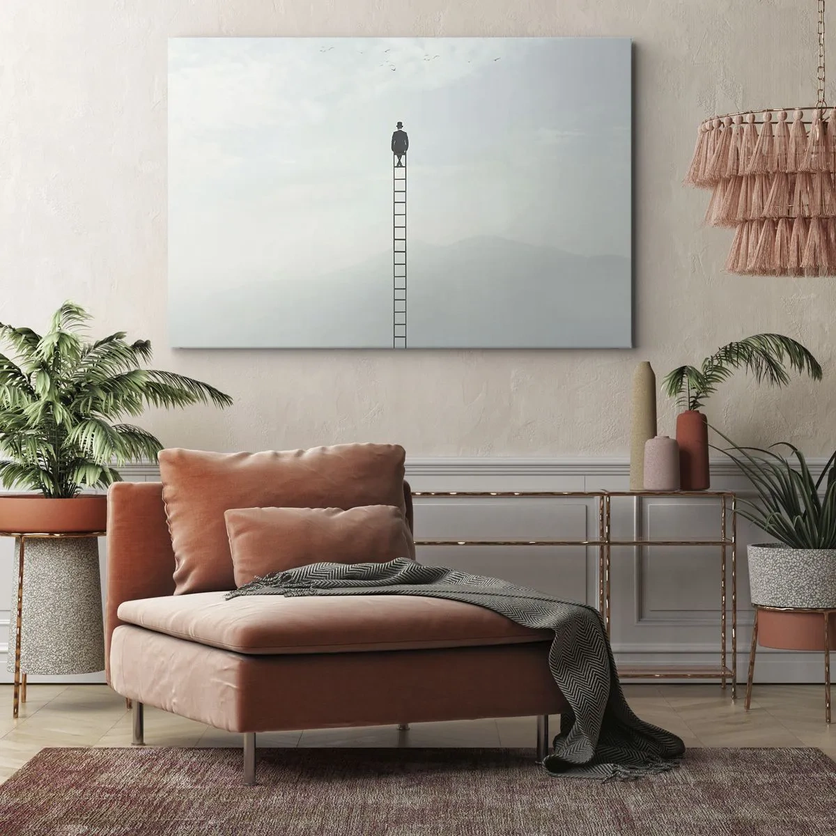 Obraz na płótnie - Mężczyzna na drabinie wznoszącej się w niebo - 70x50cm - Wznieś się ponadto - Nowoczesna dekoracja ścienna do salonu i sypialni ARTTOR