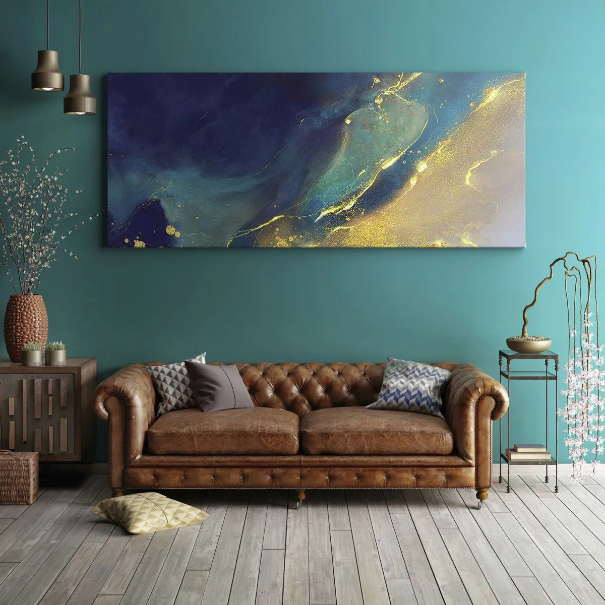 Obraz na płótnie - Abstrakcyjna kompozycja w odcieniach niebieskiego i złotego na płótnie - 160x50cm - Złote rozlewisko - Nowoczesna dekoracja ścienna do salonu i sypialni ARTTOR