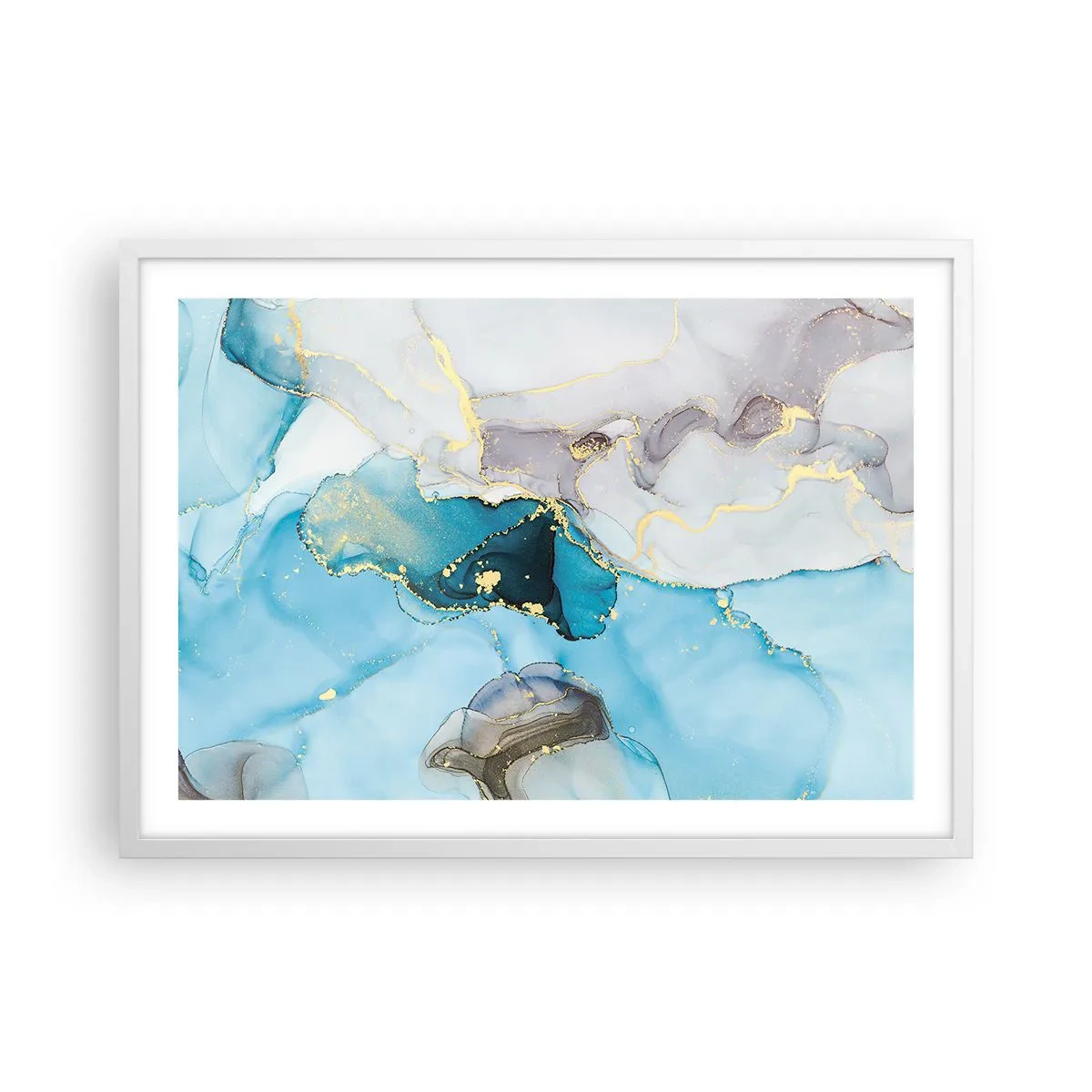 Plakat w białej ramie - Studium spotkania szarości z turkusem - 70x50 cm