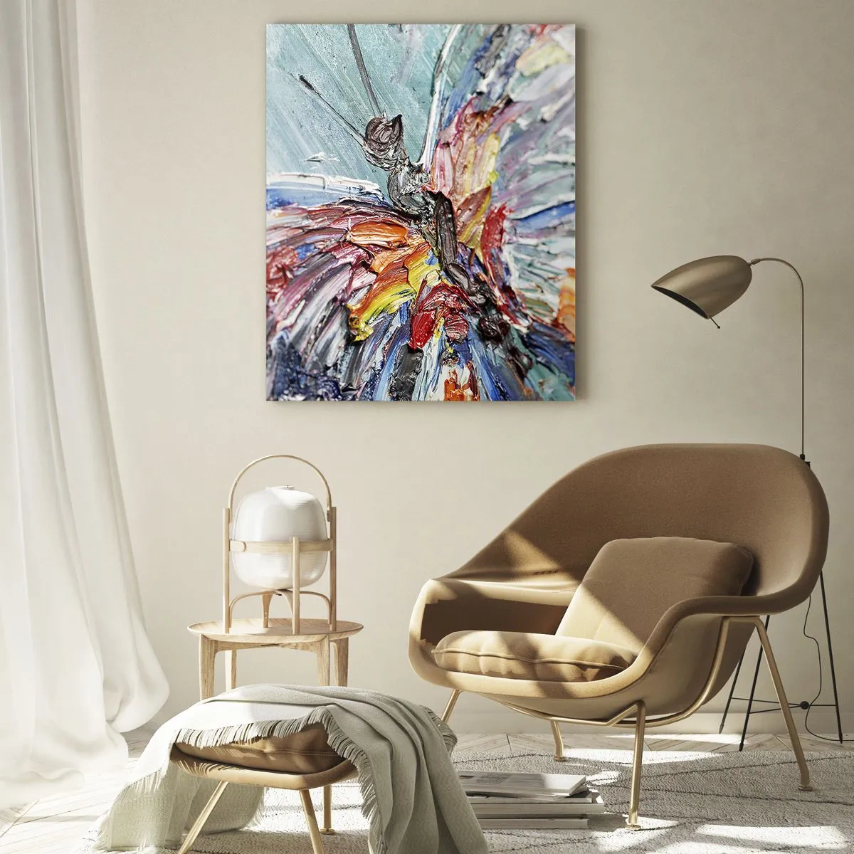 Obraz na szkle - Kolorowy motyl w abstrakcyjnym stylu na błękitnym tle - 50x70cm - Pomalowany przez naturę - Nowoczesna dekoracja ścienna do salonu, kuchni i sypialni ARTTOR