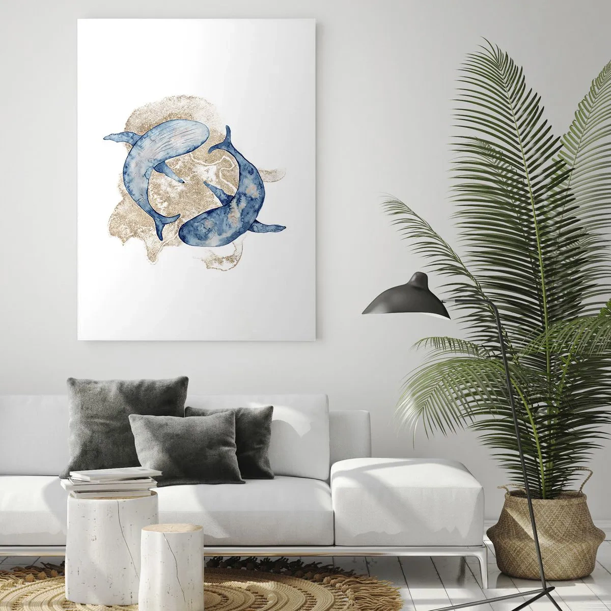 Obraz na szkle - Dwa błękitne wieloryby na tle złotych abstrakcyjnych plam - 50x70cm - Przyjaźń czy kochanie? - Nowoczesna dekoracja ścienna do salonu, kuchni i sypialni ARTTOR
