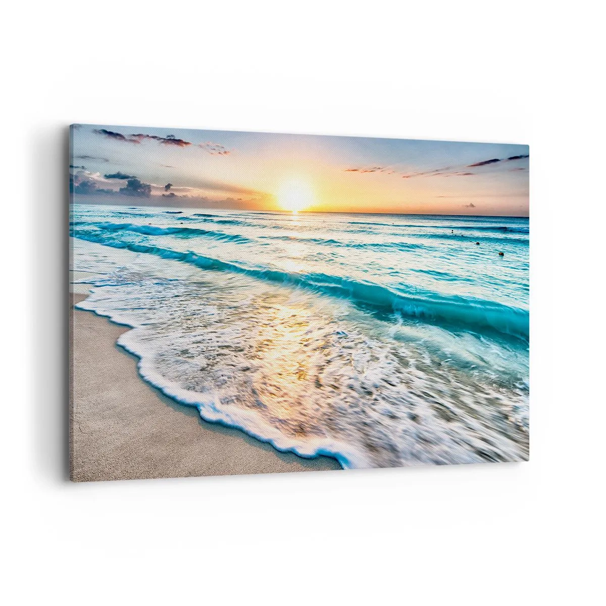 Obraz na płótnie - Wschód słońca nad spokojną plażą z falami - 120x80cm - Widok wart zachodu - Nowoczesna dekoracja ścienna do salonu, kuchni i sypialni ARTTOR