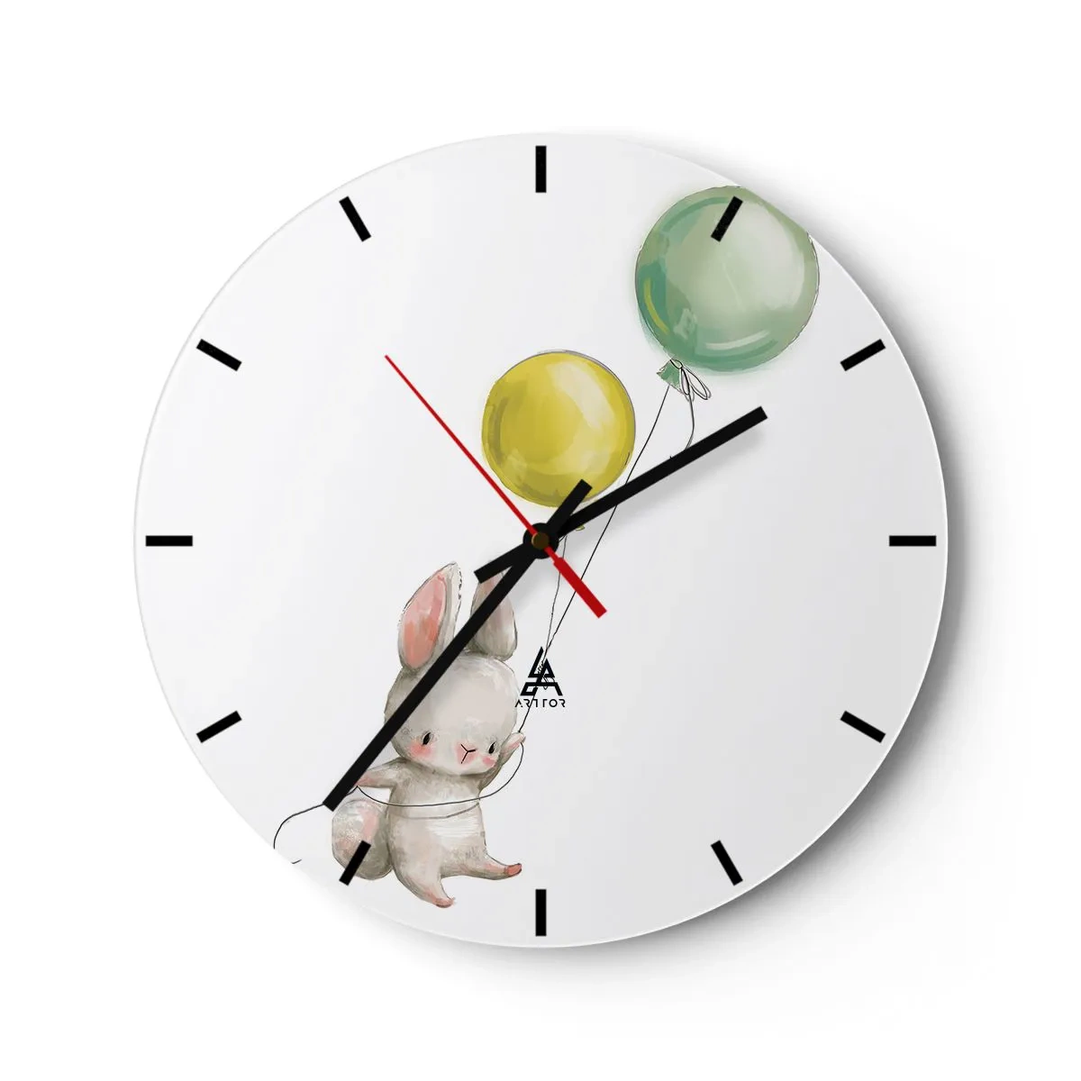 Zegar ścienny - Króliczek trzymający zielony i żółty balon unoszący się w powietrzu - 30x30cm - Też polecę! - Nowoczesna dekoracja ścienna do salonu, kuchni i sypialni ARTTOR