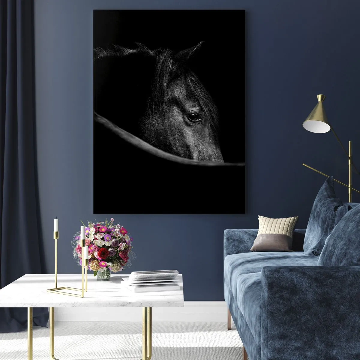 Obraz na szkle - Profil czarnego konia w cieniu z widocznym okiem - 50x70cm - Czarny książę - Nowoczesna dekoracja ścienna do salonu, kuchni i sypialni ARTTOR