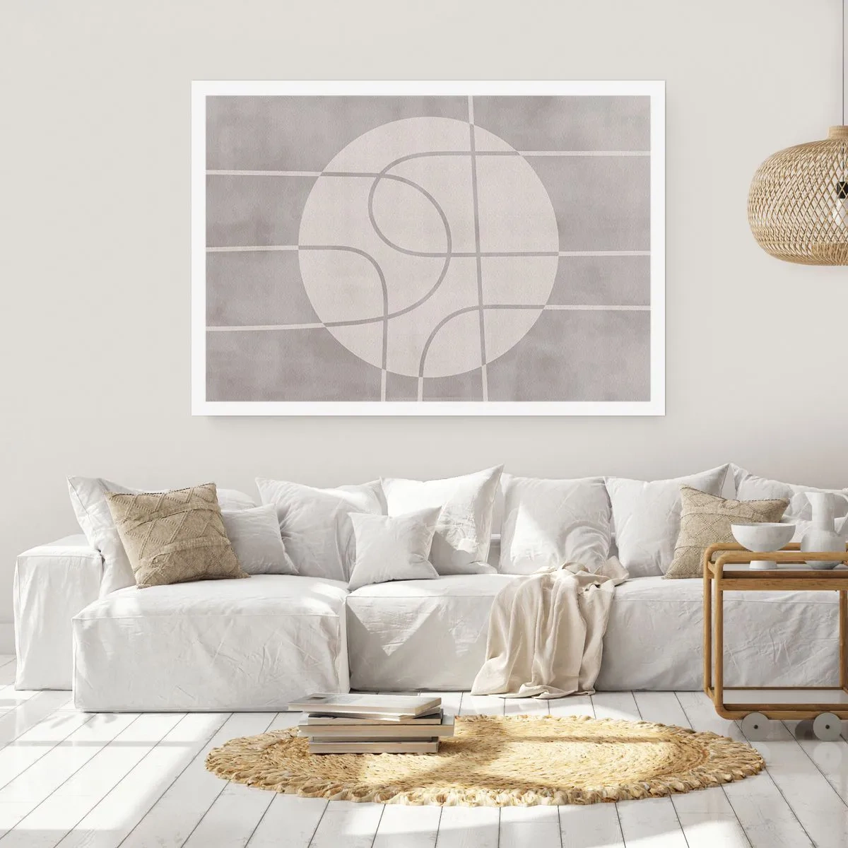 Plakat - Geometryczny wzór w odcieniach szarości i bieli - 100x70cm - Koliście i na wprost - Nowoczesna dekoracja ścienna do salonu i sypialni ARTTOR