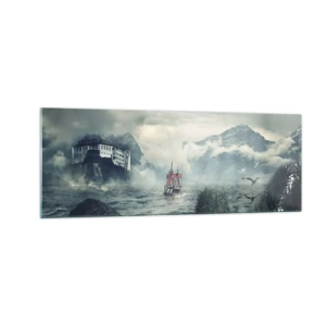 Obraz na szkle - Tajemniczy krajobraz z zamkiem, górami i statkiem - 140x50cm - Na magicznych wodach - Nowoczesna dekoracja ścienna do salonu i sypialni ARTTOR